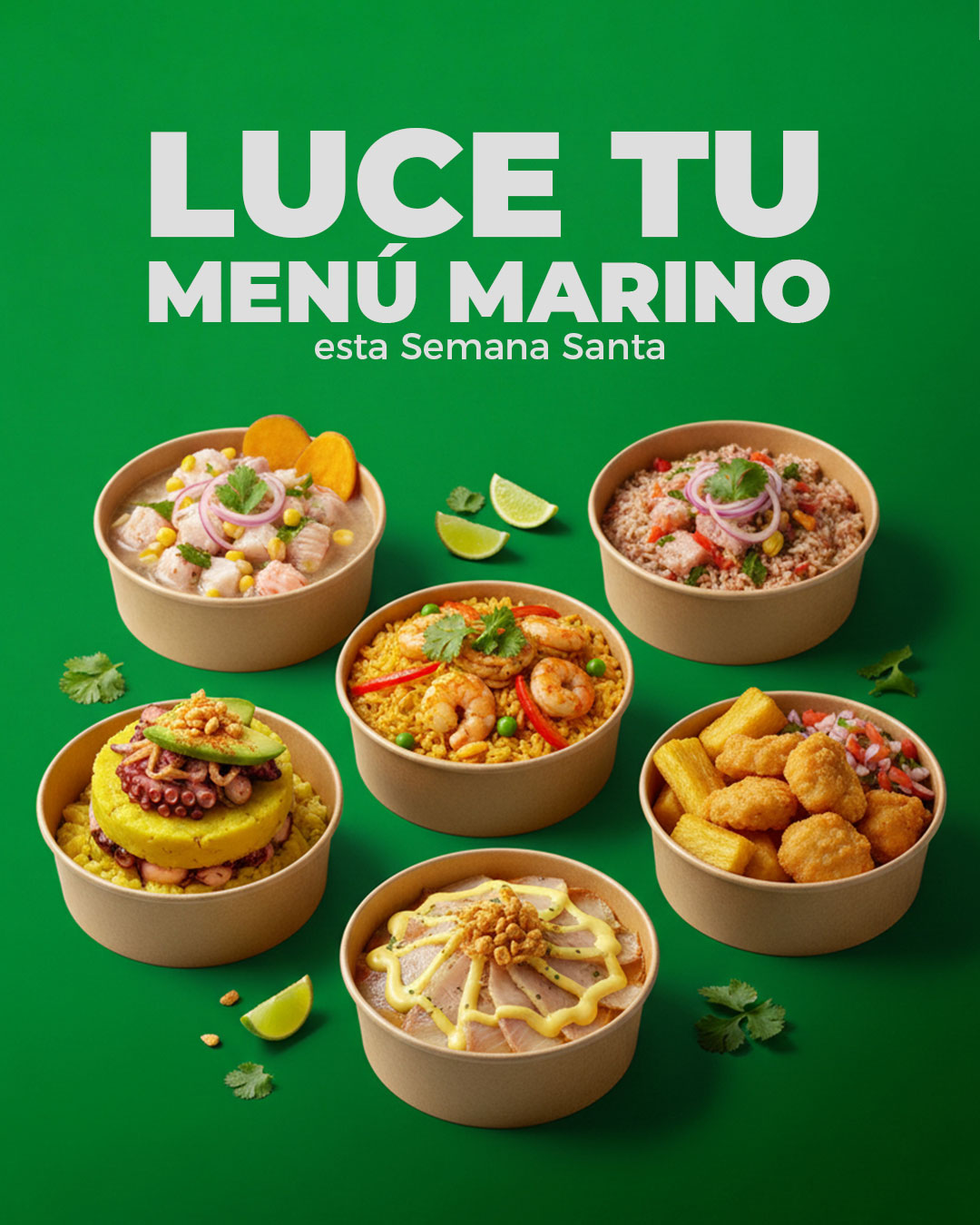 Menú marino presentado en bowls kraft.